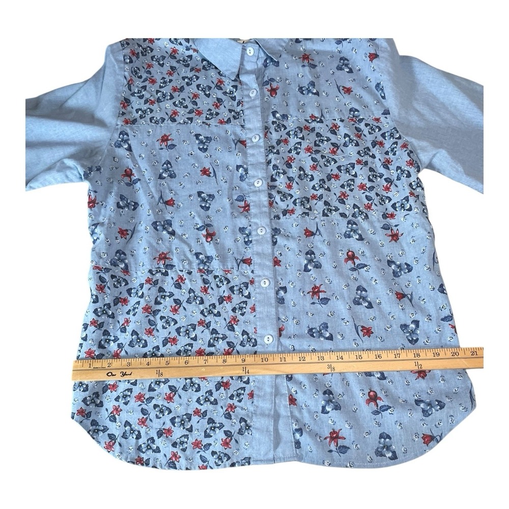 Women's Vintage Tapestry Button Down T Shirt Blue Floral Pattern - Picture 9 of 10
